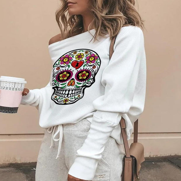 Halloween Skull Print Long Sleeve Casual Sweatshirt