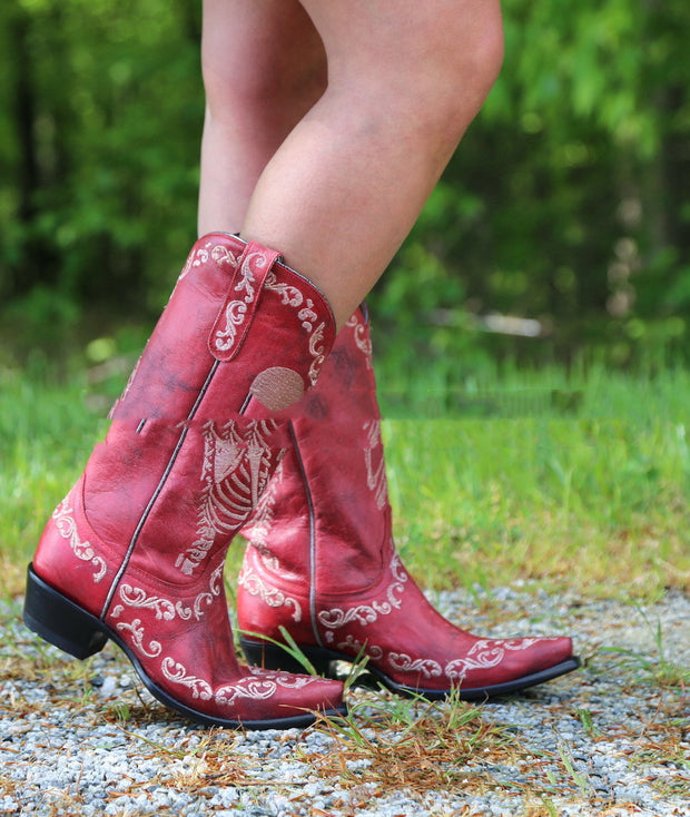 Skull Tall Pointed Toe Chunky Mid Heel Cowboy Boots