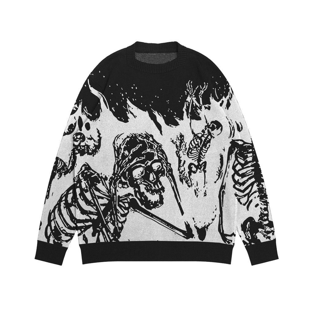 Jacquard Round Neck Autumn And Winter Flame Skull Sweater Teenagers Loose-fitting Outerwear Top