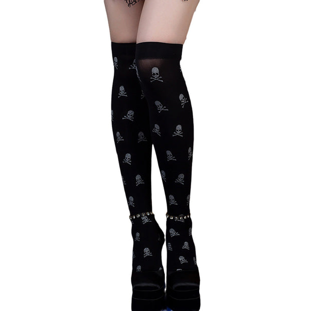 Halloween-Inspired Over-the-knee Printed Skull Thigh High Socks