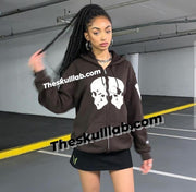 Brown Double Skull Print Hooded Sweater