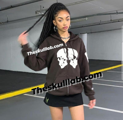 Brown Double Skull Print Hooded Sweater