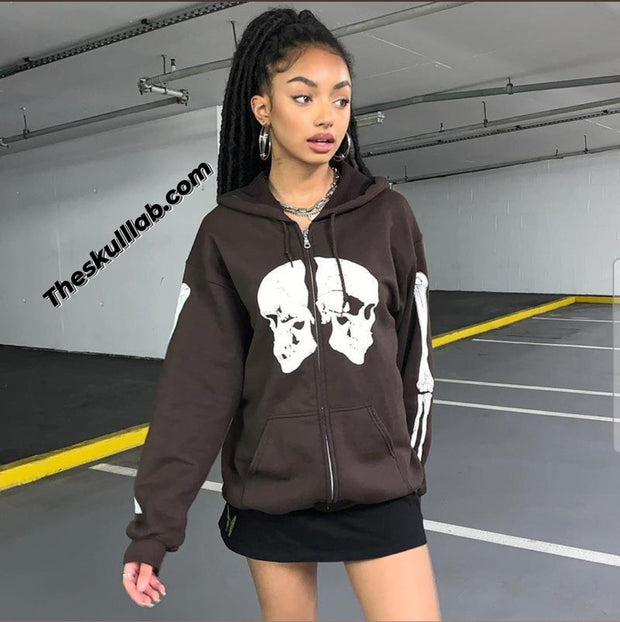 Brown Double Skull Print Hooded Sweater