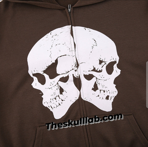 Brown Double Skull Print Hooded Sweater