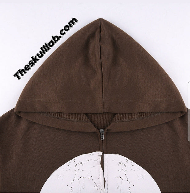 Brown Double Skull Print Hooded Sweater