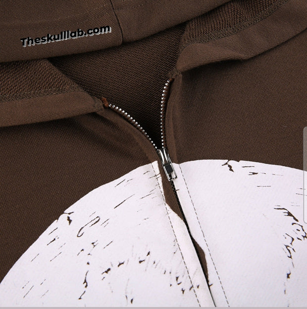 Brown Double Skull Print Hooded Sweater