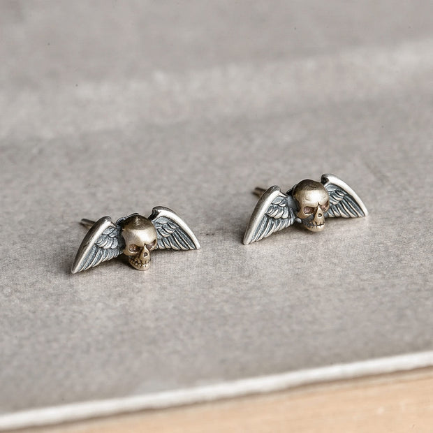 S925 Sterling Silver Retro Punk Skull Winged Stud Earrings
