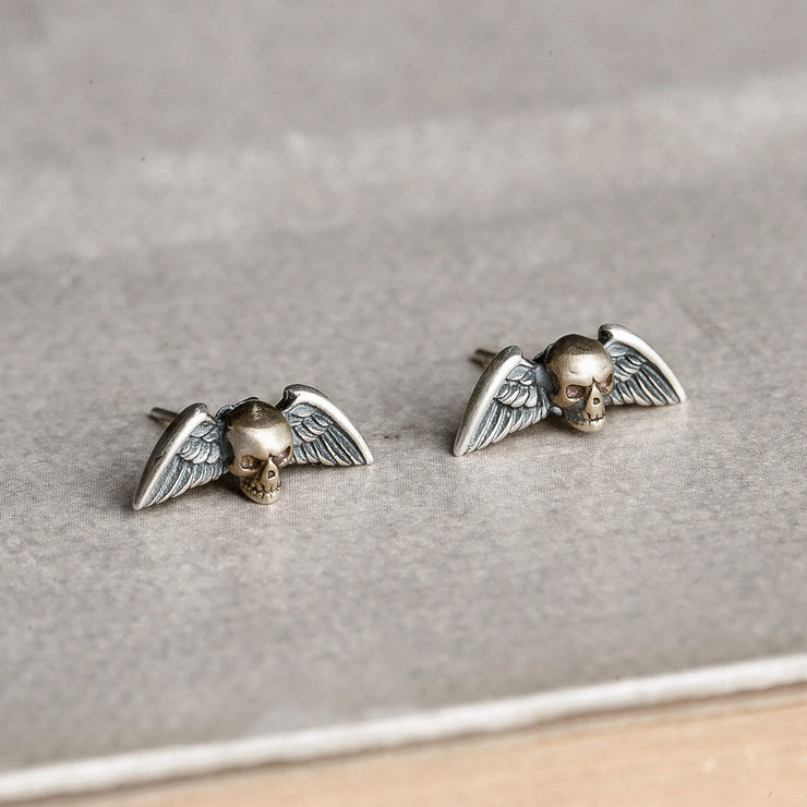 S925 Sterling Silver Retro Punk Skull Winged Stud Earrings