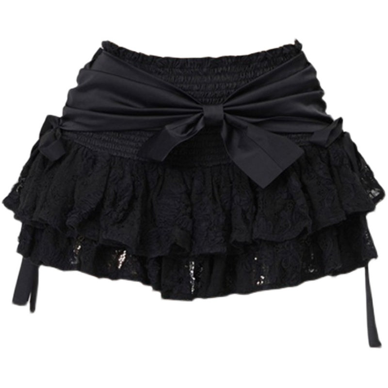 Black A-line Skirt Bow Lace Fluffy Skirt