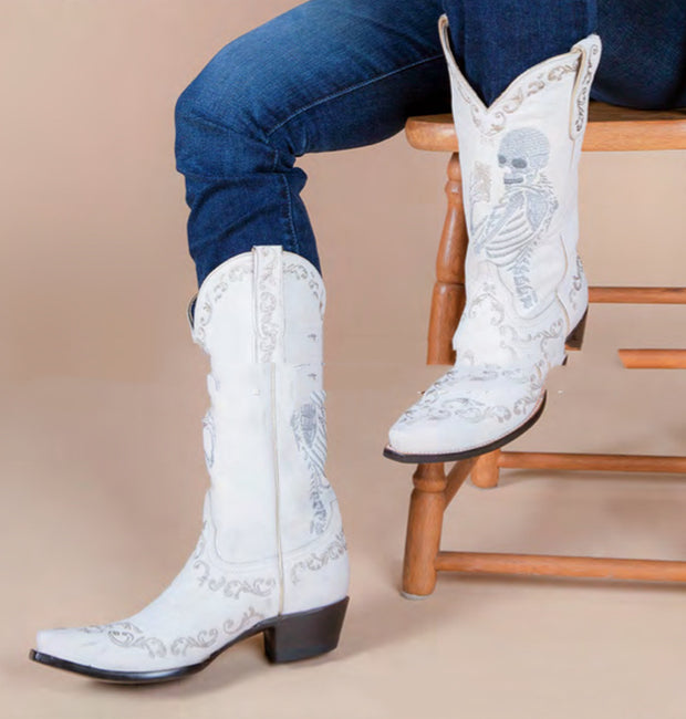 Skull Tall Pointed Toe Chunky Mid Heel Cowboy Boots