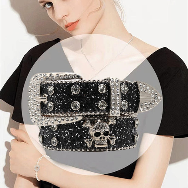 T.S.L. Skull Themed Wide Rhinestone Belt