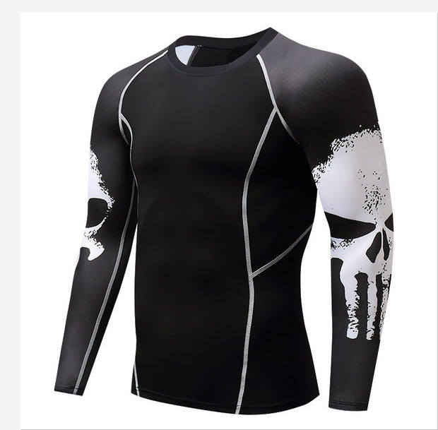 Skull Print Long Sleeve Men's Punishing Workout Clothes with Stretch Quick Drying Clothes for Basketball, Bike Riding, Running Suit. With a Round Neck, it's a Tight form-fitted shirt