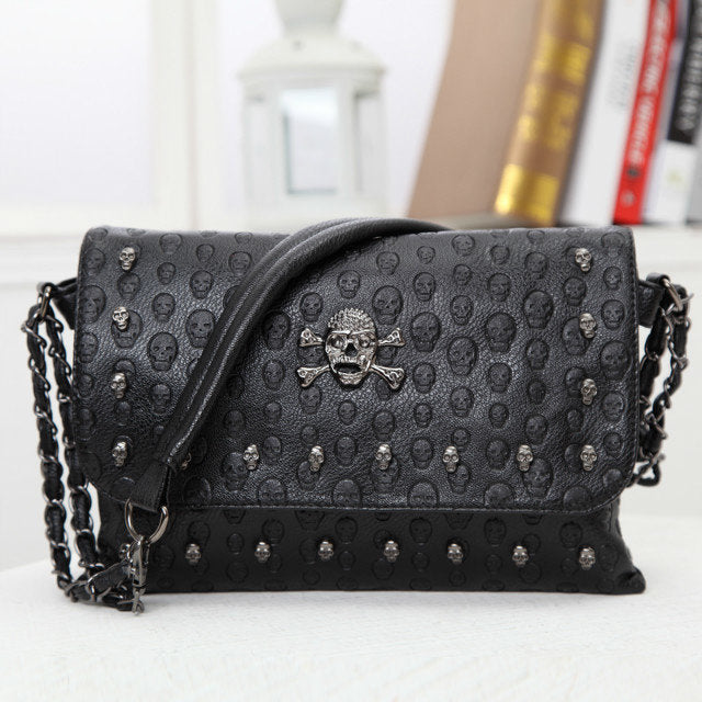Skull Bag Embossed Chain Strap Pure Leather