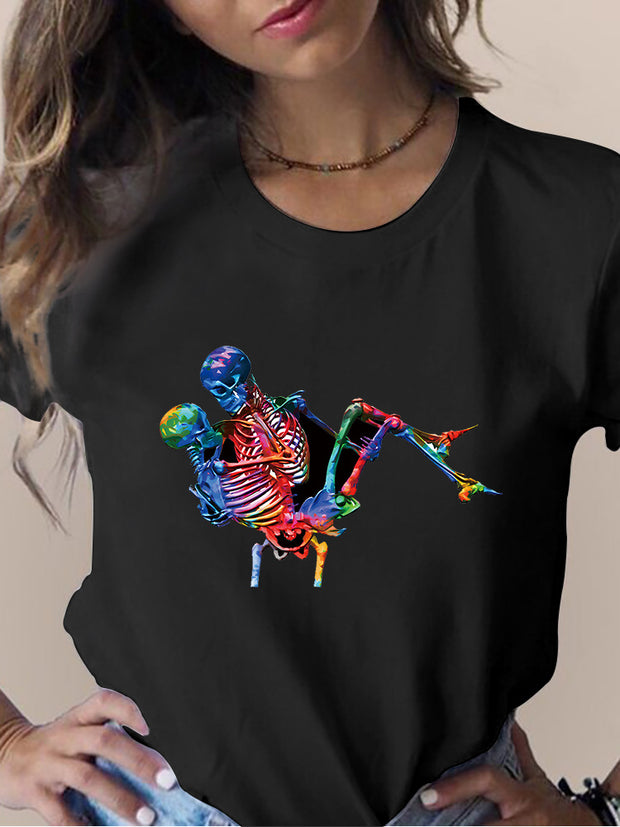 Women's Skull Flower Printed Round Neck Short Sleeve T-shirt *15 styles