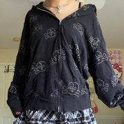 90s Vintage Skull Print Black Zipper Sweatshirt Long Sleeve