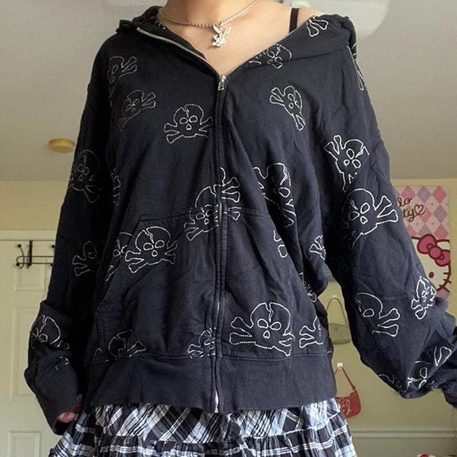 90s Vintage Skull Print Black Zipper Sweatshirt Long Sleeve
