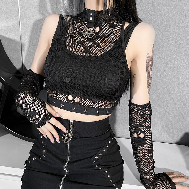 Skull Mesh Lace See-through Gothic Tank Top & Sleeves Two-piece