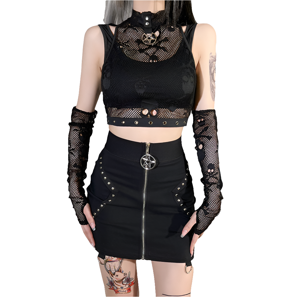 Skull Mesh Lace See-through Gothic Tank Top & Sleeves Two-piece