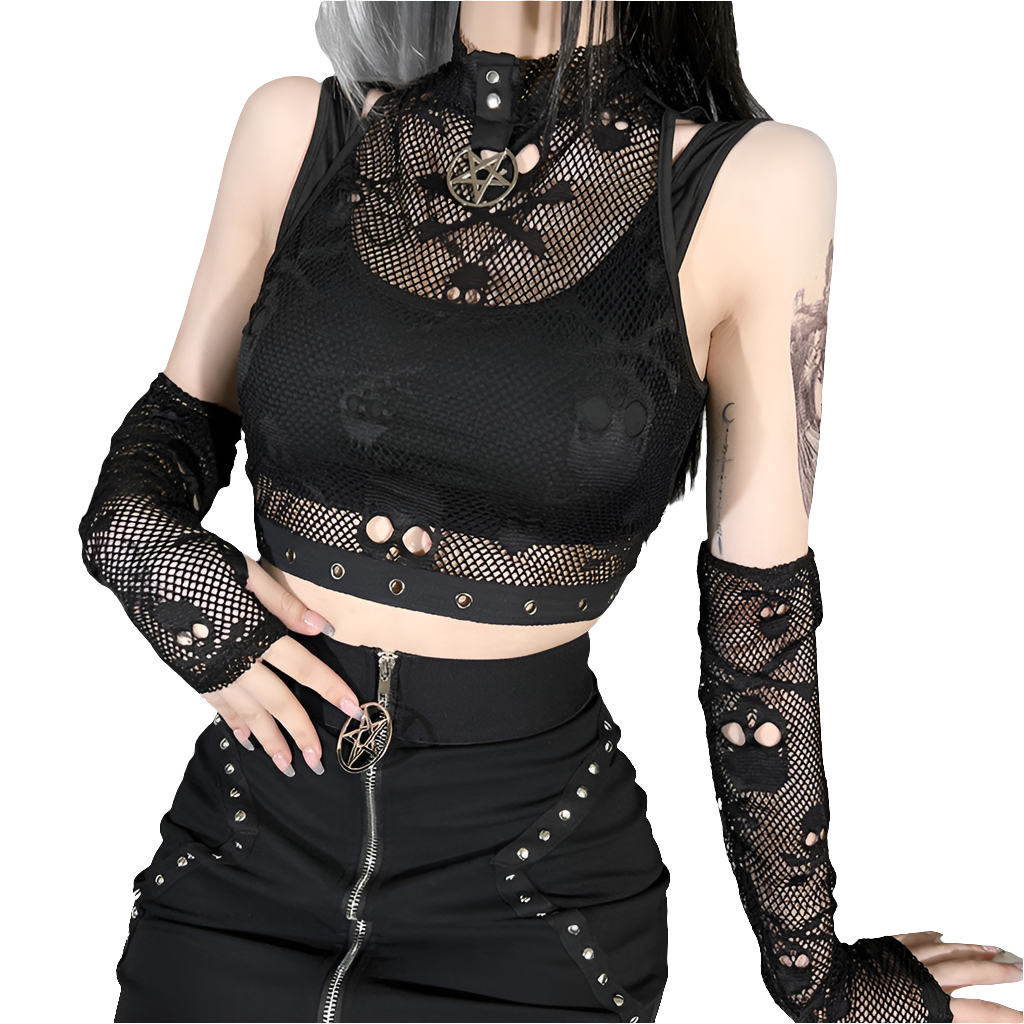 Skull Mesh Lace See-through Gothic Tank Top & Sleeves Two-piece