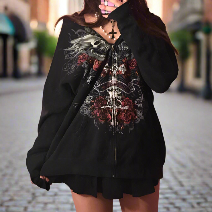4 various cool 90's Vintage Skull Print Black Zipper hooded Sweatshirts Long Sleeve