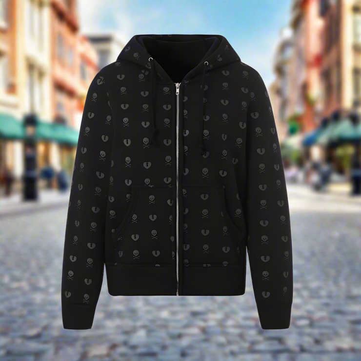4 various cool 90's Vintage Skull Print Black Zipper hooded Sweatshirts Long Sleeve