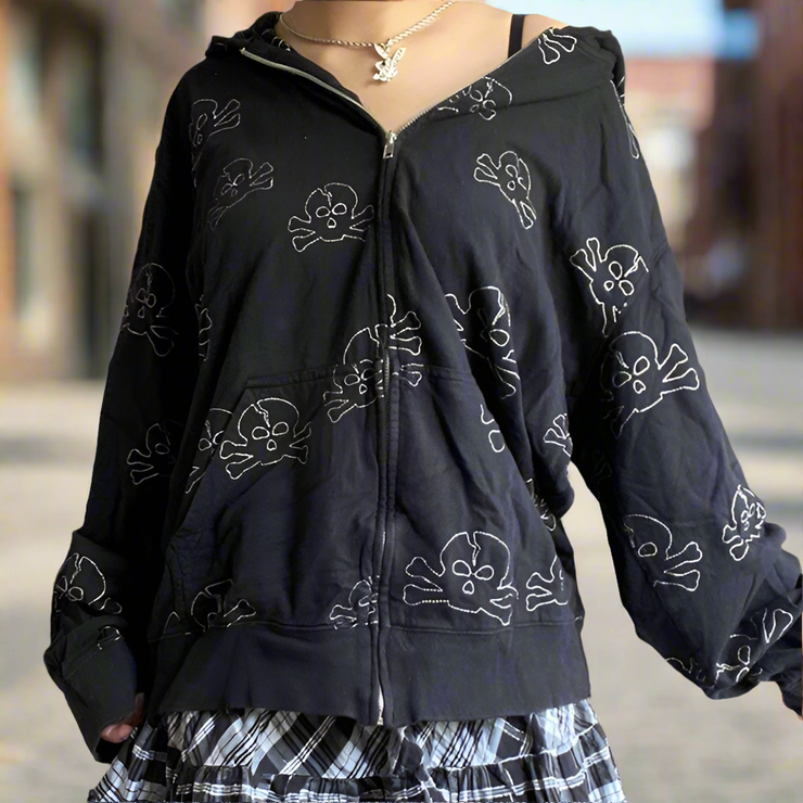 4 various cool 90's Vintage Skull Print Black Zipper hooded Sweatshirts Long Sleeve