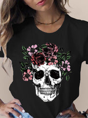 Women's Skull Flower Printed Round Neck Short Sleeve T-shirt *15 styles