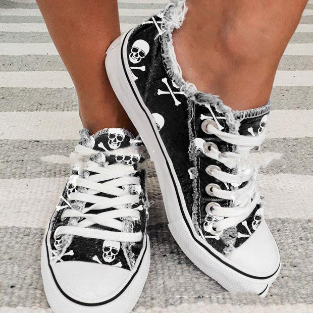 Women's Skull & Bones 3D Printed Denim Canvas Shoes
