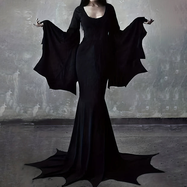 Black Women's Gothic Witch Bat Sleeve Dress Halloween Cosplay Costume Vintage