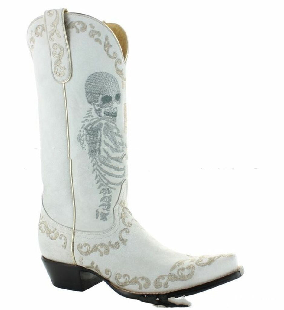 Skull Tall Pointed Toe Chunky Mid Heel Cowboy Boots