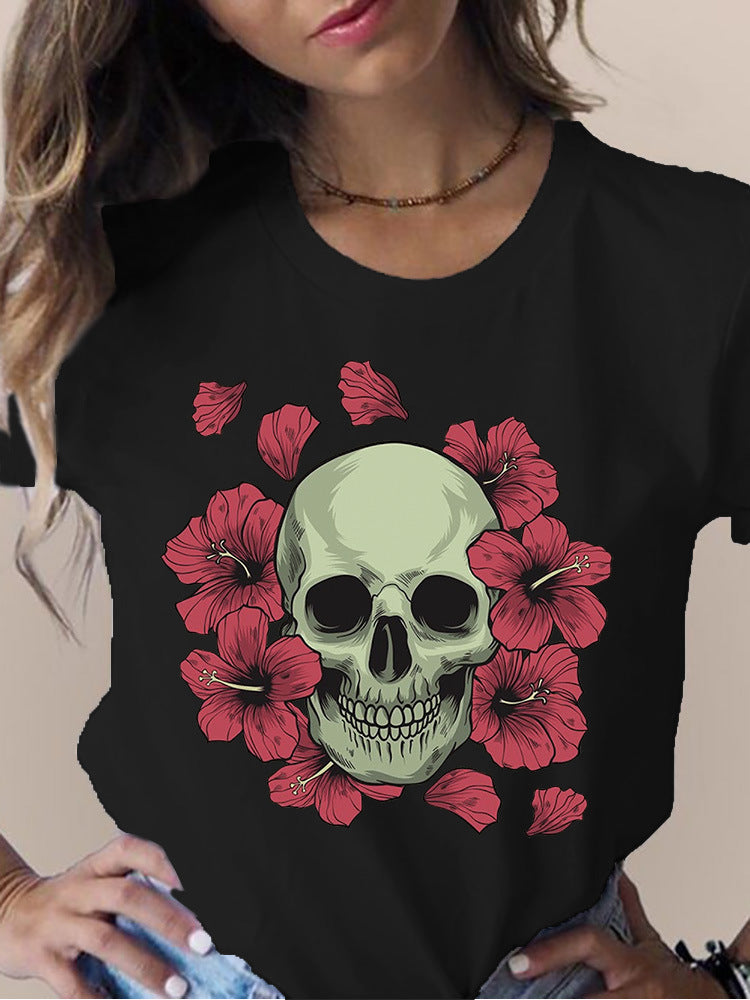 Women's Skull Flower Printed Round Neck Short Sleeve T-shirt *15 styles