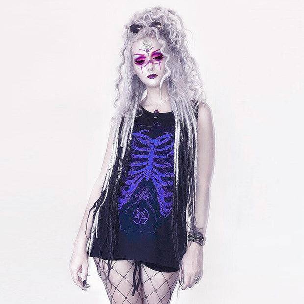 Dark Skull Print Round Neck Sleeveless Summer Dress Women