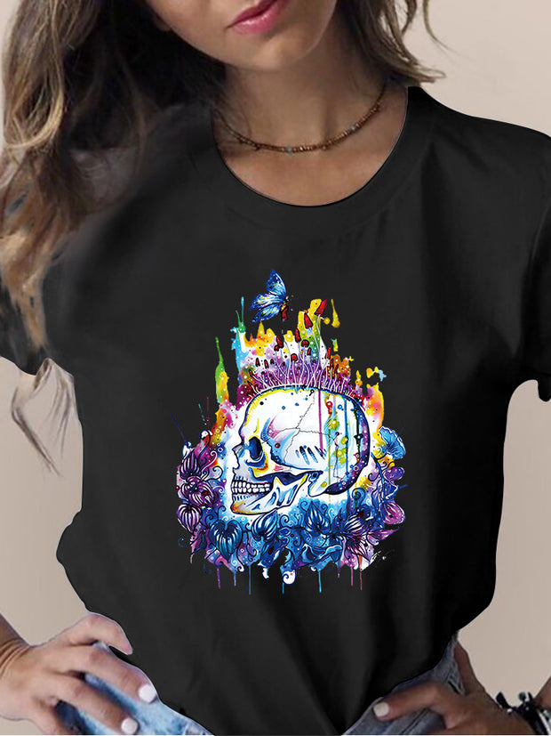 Women's Skull Flower Printed Round Neck Short Sleeve T-shirt *15 styles