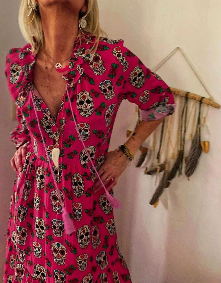 Skull Print Long-sleeved Big flowing Dress *3 Colors