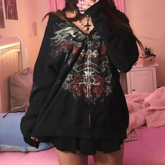90s Vintage Skull Print Black Zipper Sweatshirt Long Sleeve