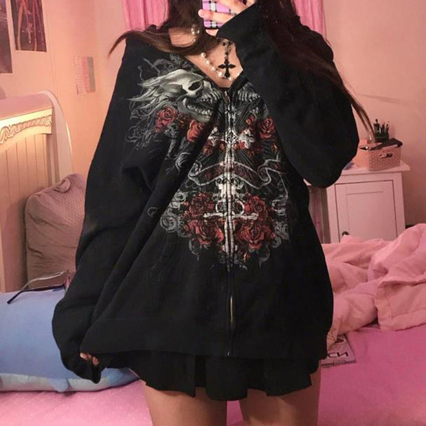 90s Vintage Skull Print Black Zipper Sweatshirt Long Sleeve