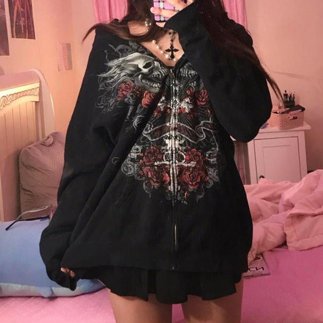 90s Vintage Skull Print Black Zipper Sweatshirt Long Sleeve
