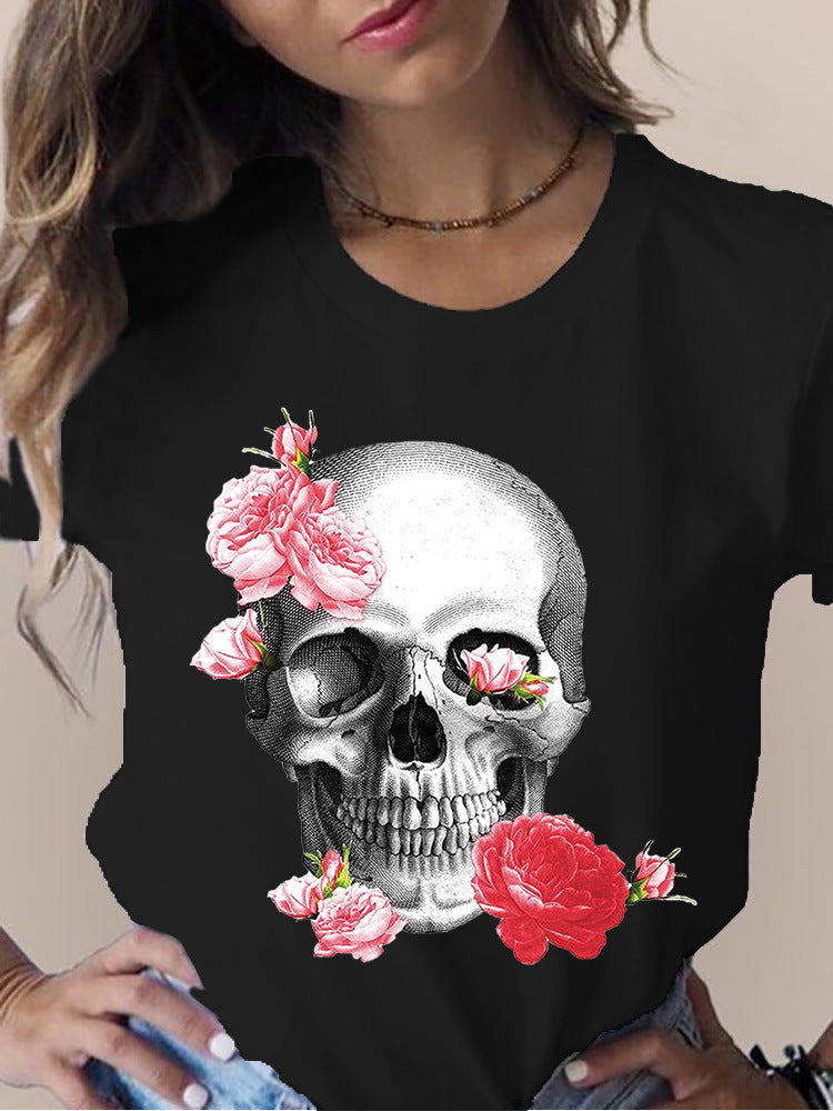 Women's Skull Flower Printed Round Neck Short Sleeve T-shirt *15 styles
