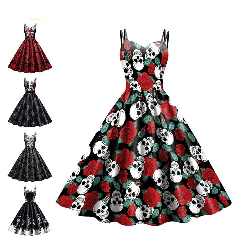 Women's Wansheng Sling Skeleton Skull Digital Printed Dress