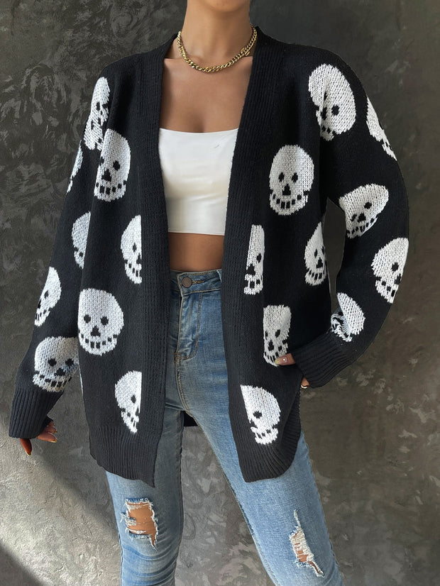 Casual Halloween inspired Skull Jacquard Knitted Long Sleeve Cardigan