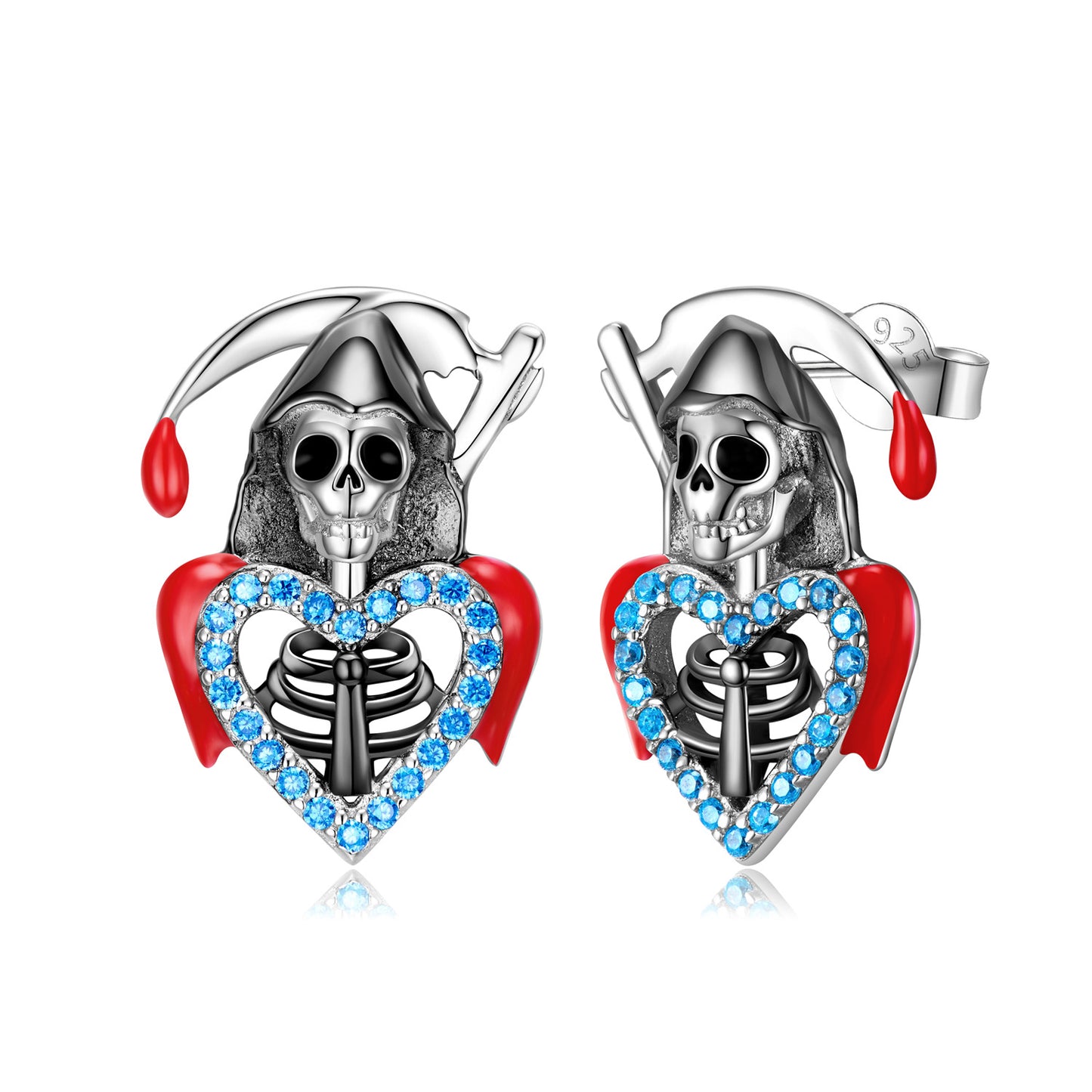 S925 Sterling Silver Skull Grim Reaper Stud Earring Set With Zirconium Epoxy Dark Punk settings