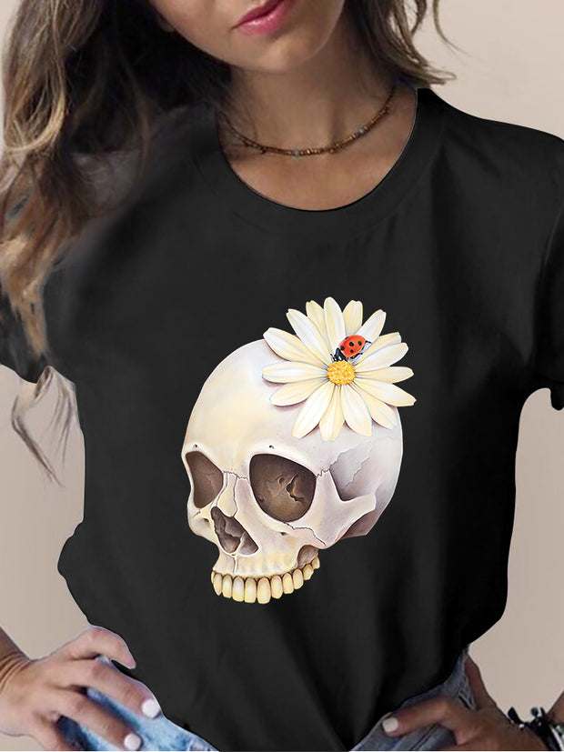 Women's Skull Flower Printed Round Neck Short Sleeve T-shirt *15 styles