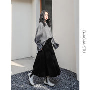 Fashion Black or Blue Thick Velvet Mid-length A-line Skirt