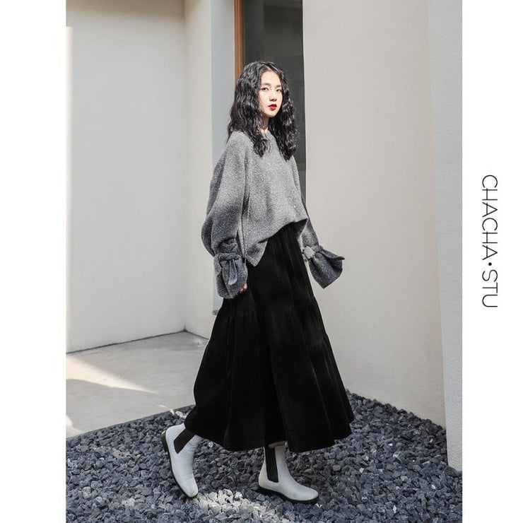 Fashion Black or Blue Thick Velvet Mid-length A-line Skirt