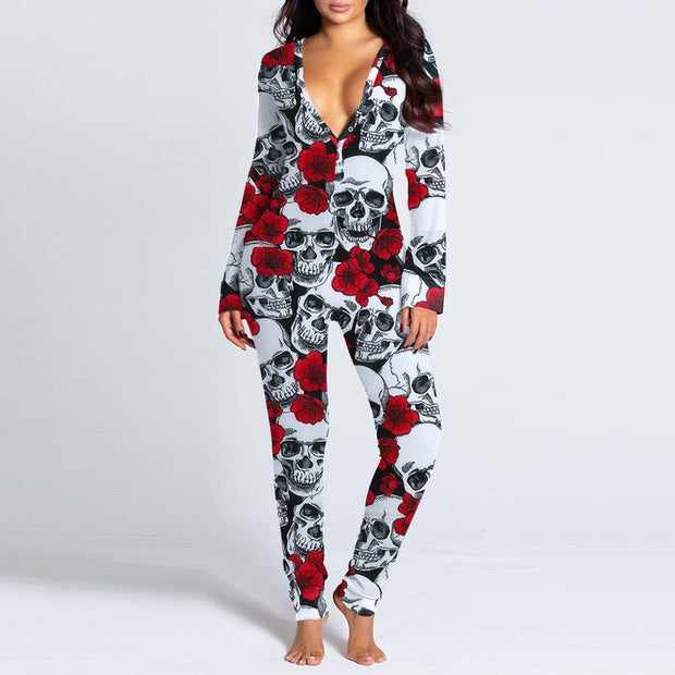 Amazing Autumn And Winter Halloween Inspired Skull Printed Sexy Onesie PJ's