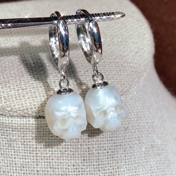Freshwater Pearl Skull Sterling Silver Earrings
