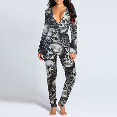 Amazing Autumn And Winter Halloween Inspired Skull Printed Sexy Onesie PJ's