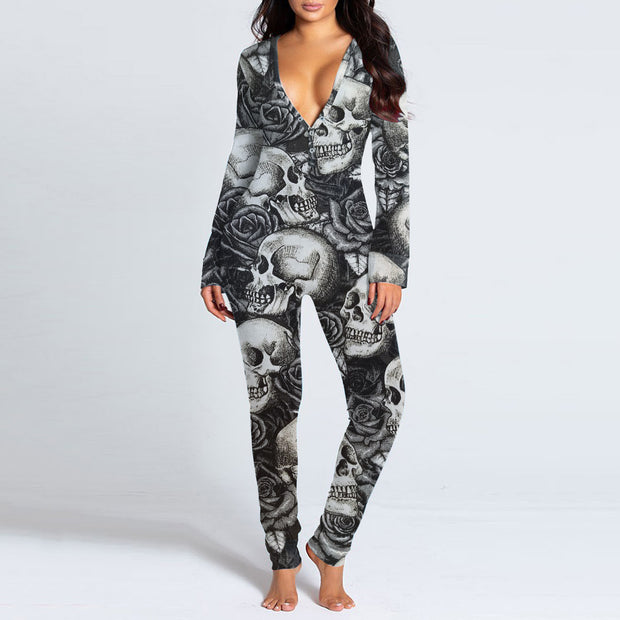 Amazing Autumn And Winter Halloween Inspired Skull Printed Sexy Onesie PJ's