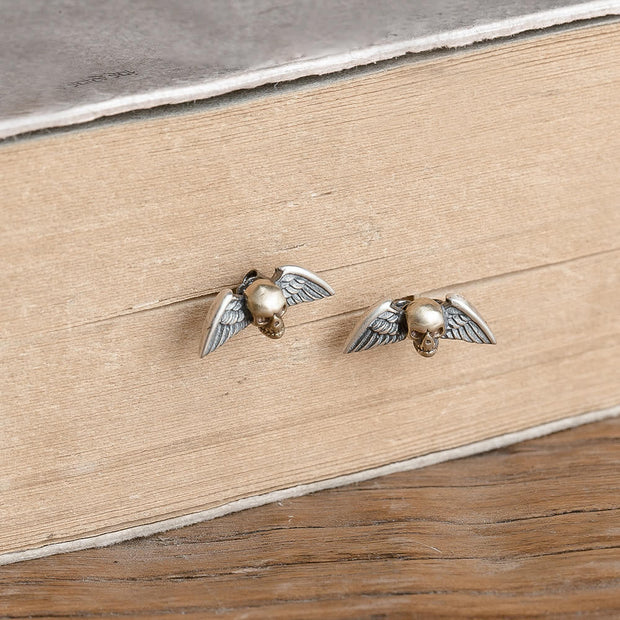S925 Sterling Silver Retro Punk Skull Winged Stud Earrings