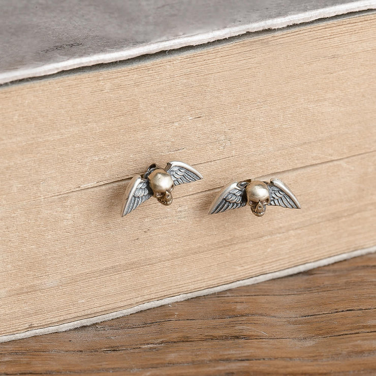 S925 Sterling Silver Retro Punk Skull Winged Stud Earrings